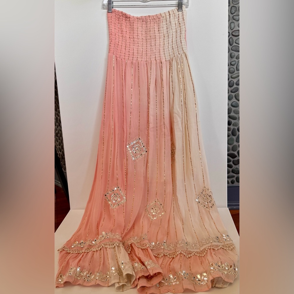 Pink and Cream Smocked Maxi Dress with Ruffles